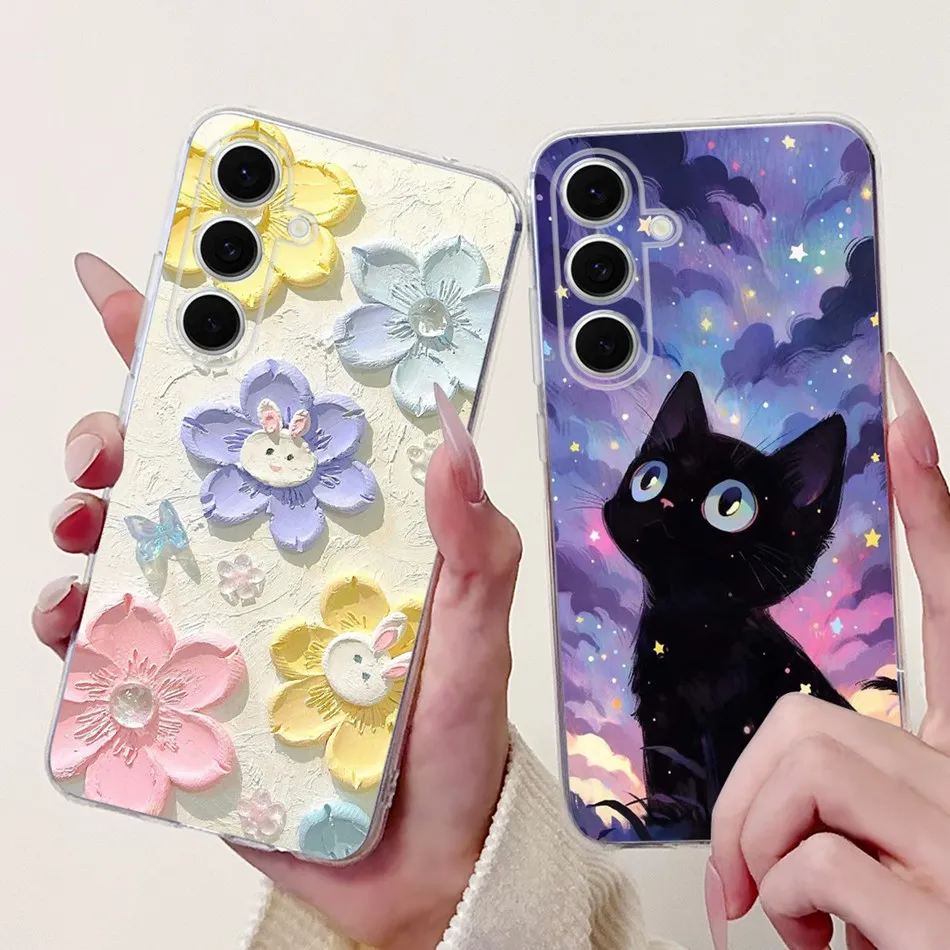 لسامسونج غالاكسي S24 FE S24 + S24 5G أنيقة الأزهار القط قضية الهاتف لسامسونج S24 زائد S 24 S24FE لينة سيليكون بولي يوريثان الحالات #2