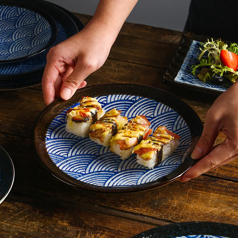 Japanese Blue And White Wave Pattern Tableware Ceramic Dinner Plate Household Flat Plate Sushi Plate Breakfast Plate