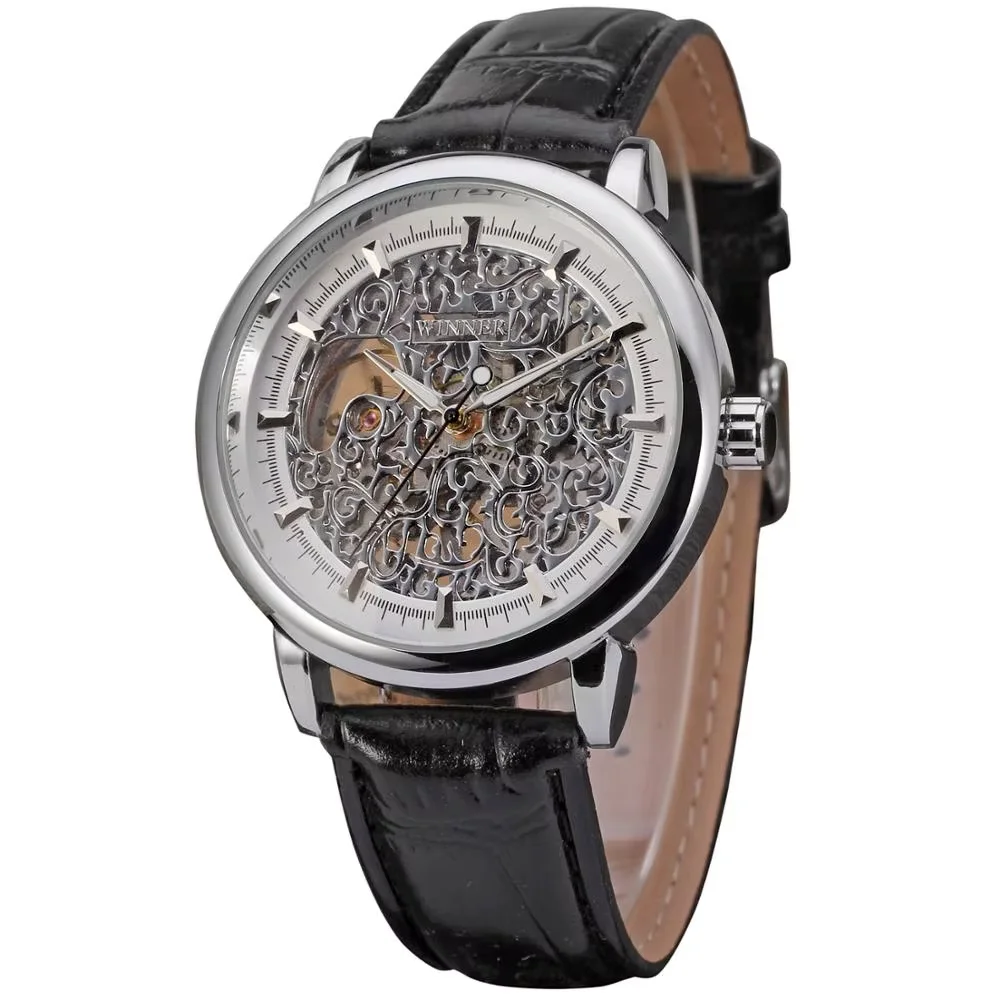 WINNER Fashion trend men's and women's watches hollow design leather strap automatic mechanical watches