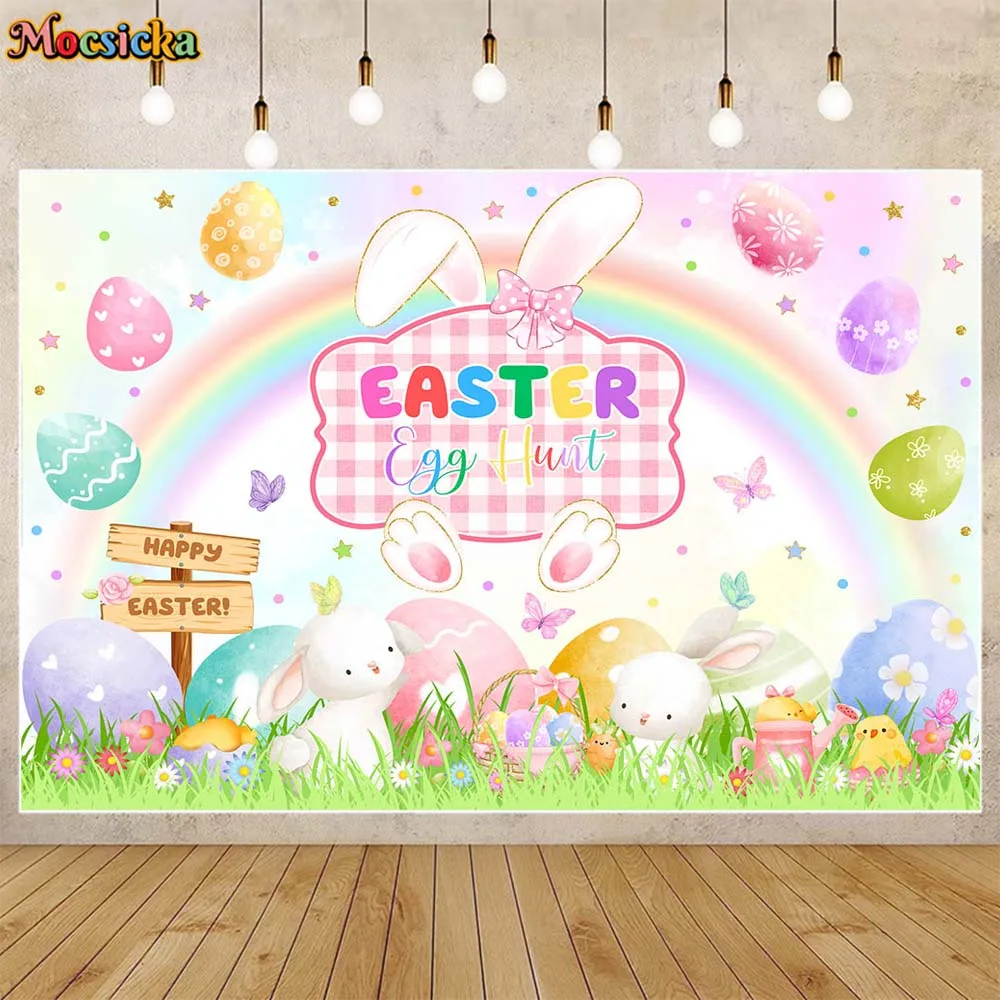 

Mocsicka Easter Backdrop Bunny Rabbit Easter Egg Hunt Party Decoration Family Portrait Photography Background Photo Studio Props