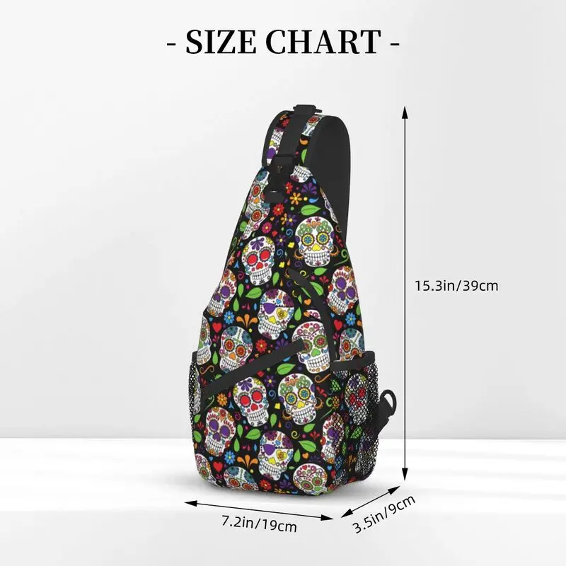 Colorido crânio de açúcar padrão flor estilingue saco no peito dia dos mortos ombro crossbody mochila para homem viagem caminhadas daypack