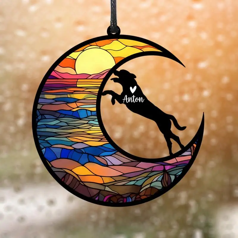 Dog Memorial Ornament Stained Glass Moon Shape Ornament Remembrance Cute Pet Loss Sun Catcher Sympathy Pendant For Balconies