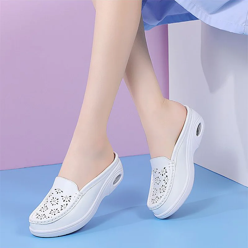 Genuine Leather Nursing Shoes Women Casual White Mules Lightweight Slip-On Comfortable Air-Cushion Travel Daily Wear Work D983