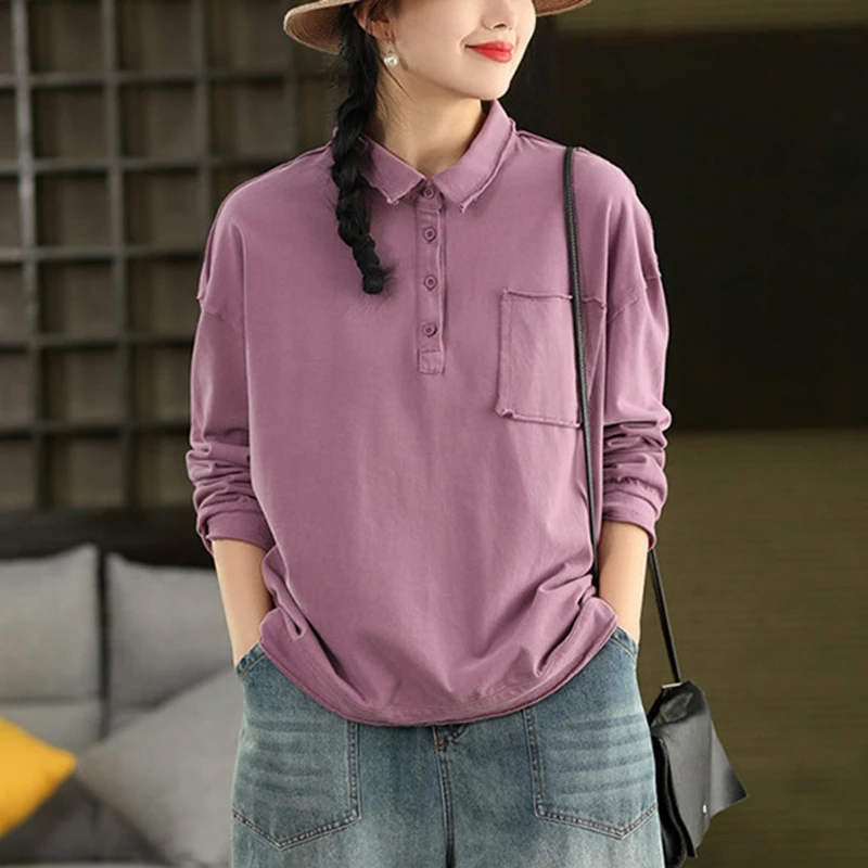 

Женские повседневные футболки с длинным рукавом из 100% хлопка, новинка 2026 года, весенняя коллекция, простой стиль, однотонные, свободные женские топы, футболки M2282