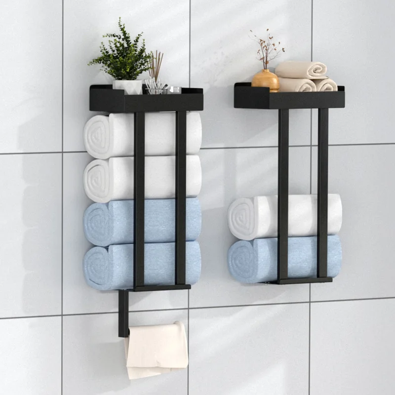No Drill Wall Mount Towel Rack Shelf Toilet Paper Holder Carbon Steel Bathroom Bar Organizer Laundry Room Small Apartments