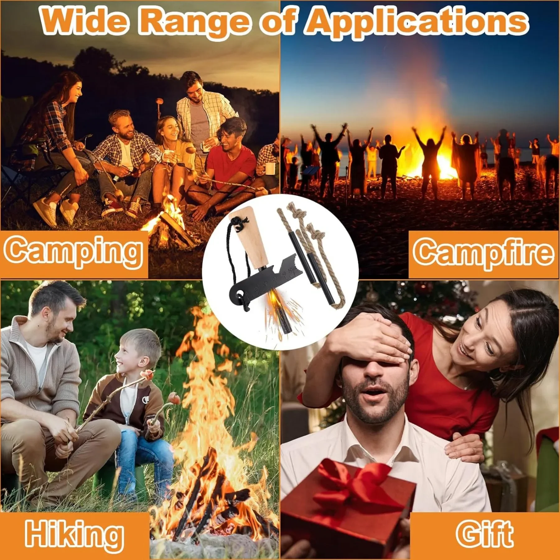 أداة النجاة في كاتب النار، مجموعة أدوات تشغيل النار تتضمن قضيبًا من المغنيسيوم، قطعتان من حبل القنب الفتيل وحقيبة خارجية متعددة الوظائف