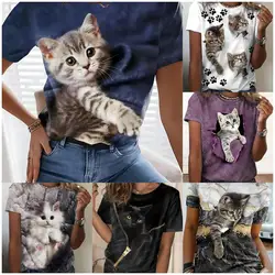 Trendy Women's 3D Cat Print Round Neck T-Shirt, Casual Loose Short Sleeve Summer T-Shirt Tops Comfortable Women's Short Sleeve