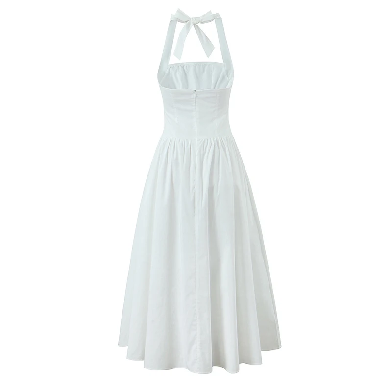 YENKYE Sexy Backless Hem Slit Halter White Dress Women Low Waist A-line Slim Midi Long Elegant Party Dresses Summer Robe