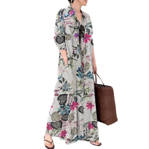 Vestido largo de lino y algodón para mujer, de estilo étnico ropa de calle, elegante, informal, Vintage, holgado