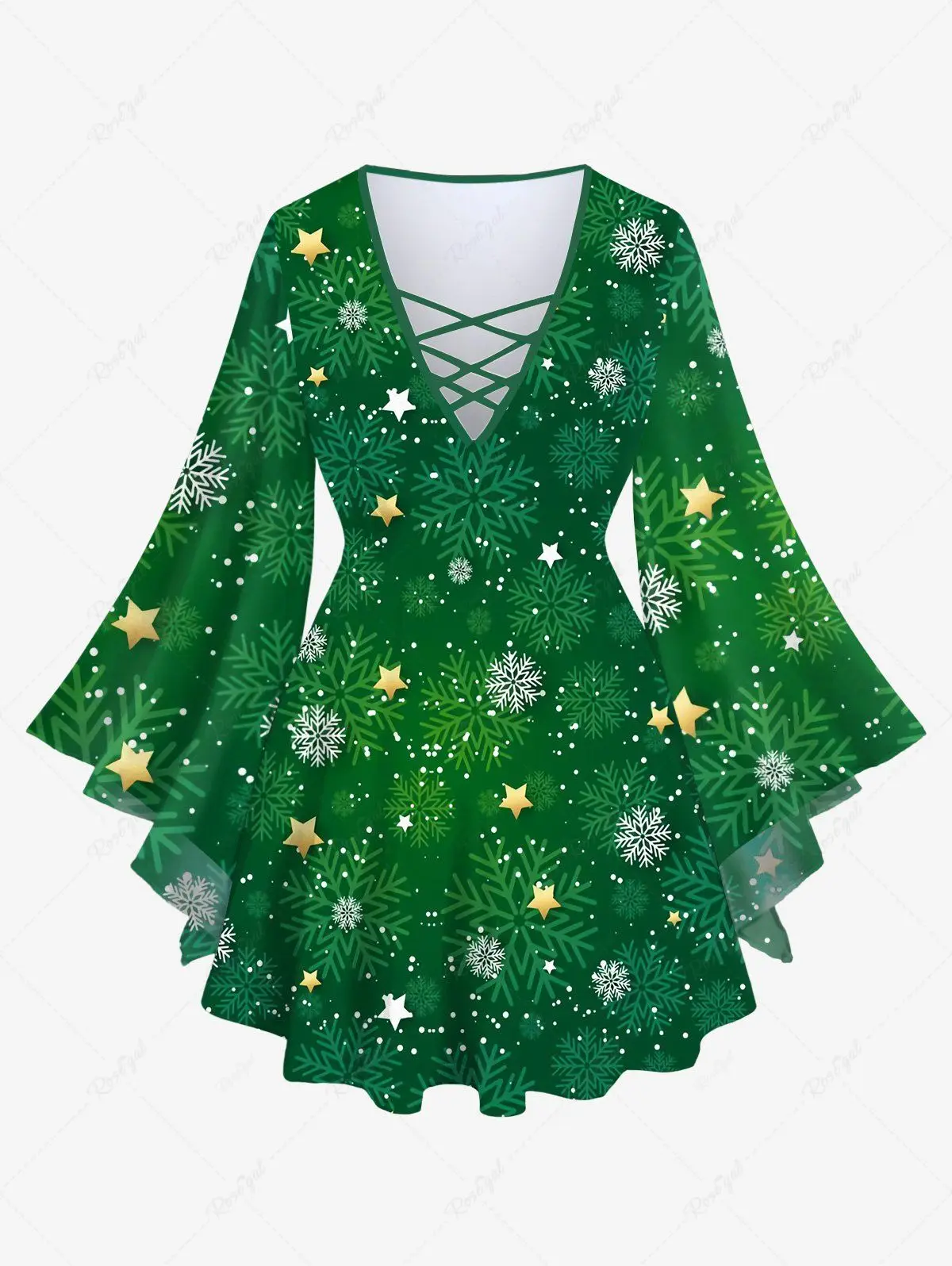 2023 New Christmas Women Snowflake Glitter Light Tree Branch 3D Print Bell Sleeves T-shirt Or  Flare Pants Casual Matching Set