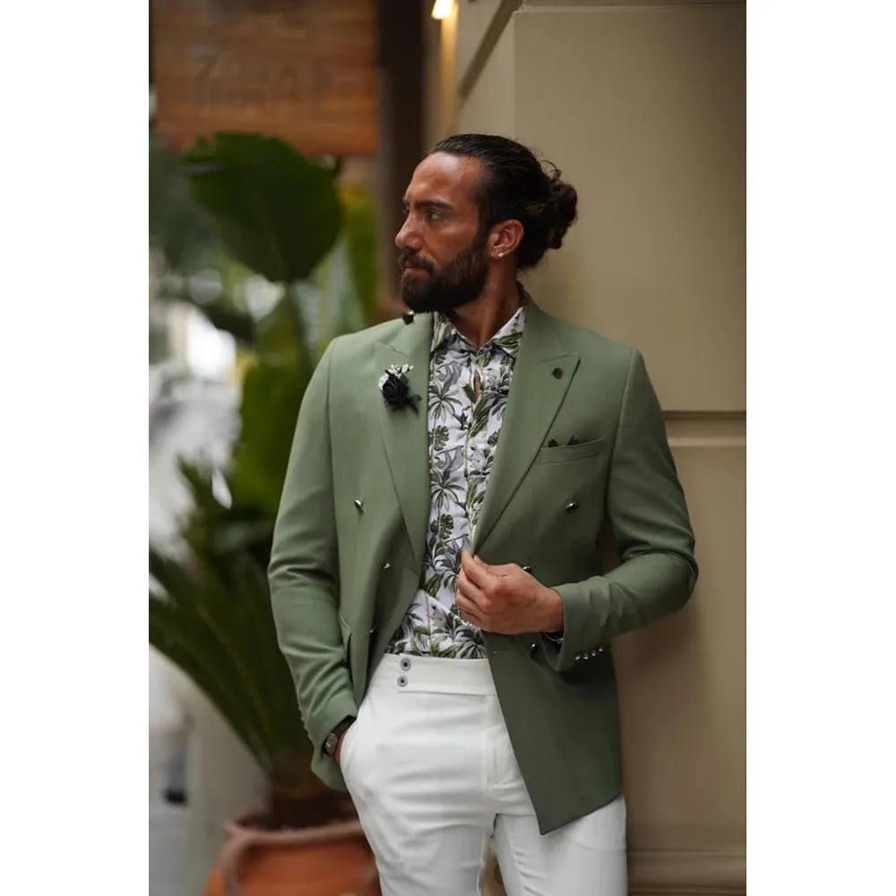 Luxury Men Suits Green Blazer White Pants Formal 2 Piece Jacket Pants Outfits Bespoke Party Male Clothing Terno Costume Homme