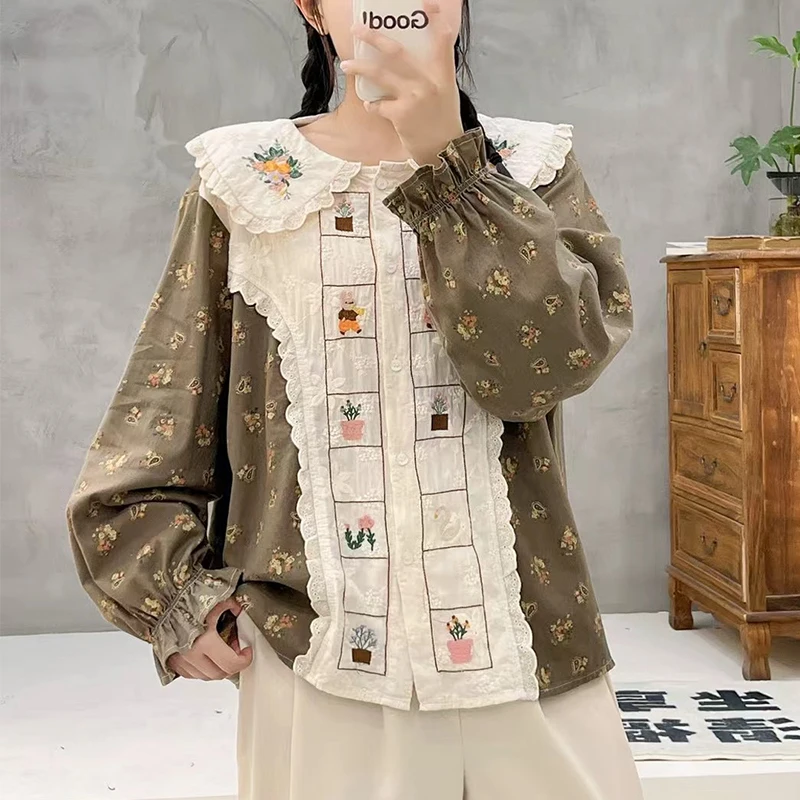 Spring New Japanese Vintage Mori Girl Cartoon Embroidery Floral Printed Patchwork Shirts Women Peter Pan Collar Long Sleeve Tops