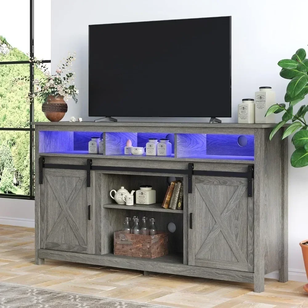 LED Farmhouse TV Stand for 65 inch TVs, Rustic Entertainment Center TV Cabinet Stands with Power Outlets, Wooden Sliding Barn