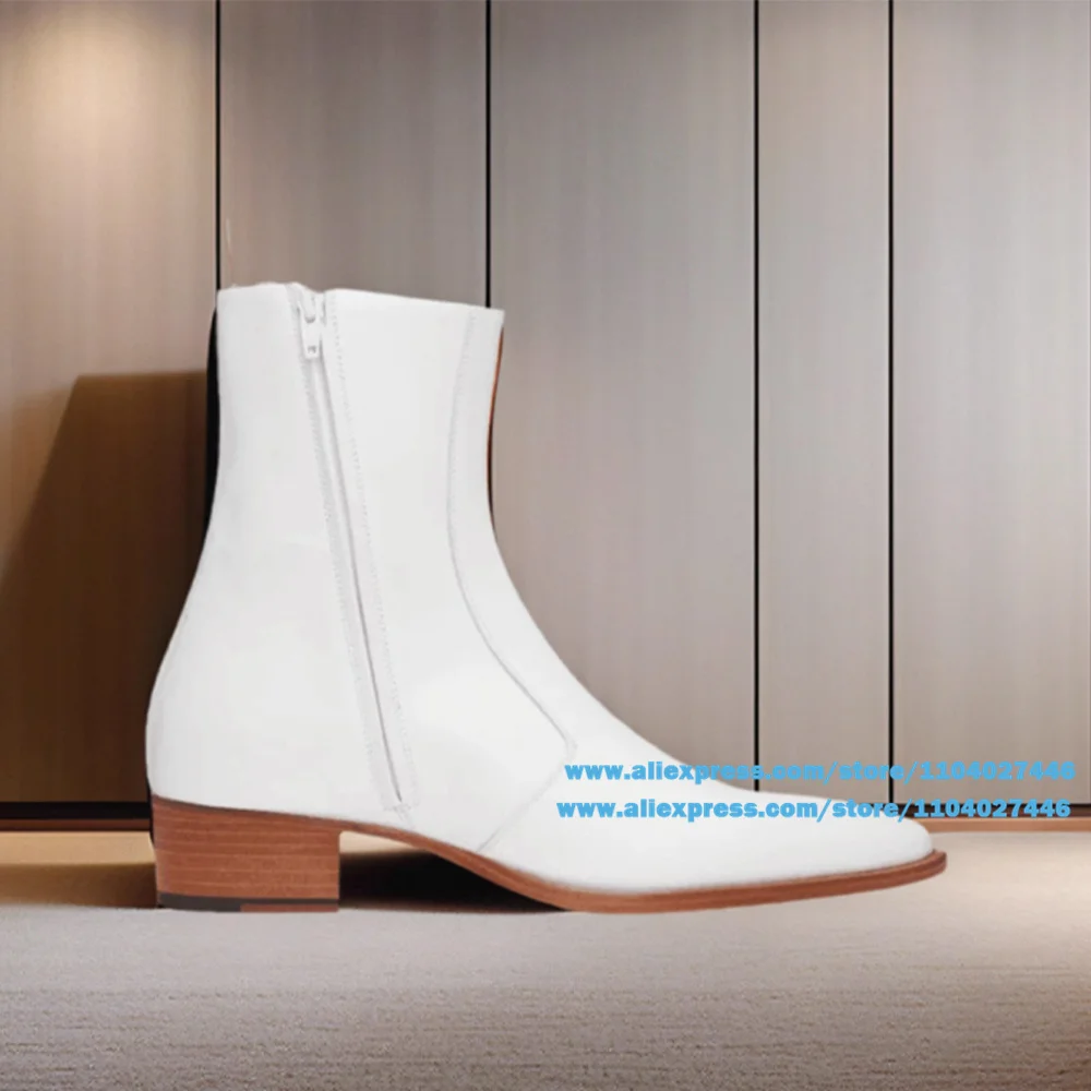 

White Leather Chelsea Boots Men's New Fashionable Personalized Pointed Toe Luxury Handmade Trendy Side Zipper Men Booties