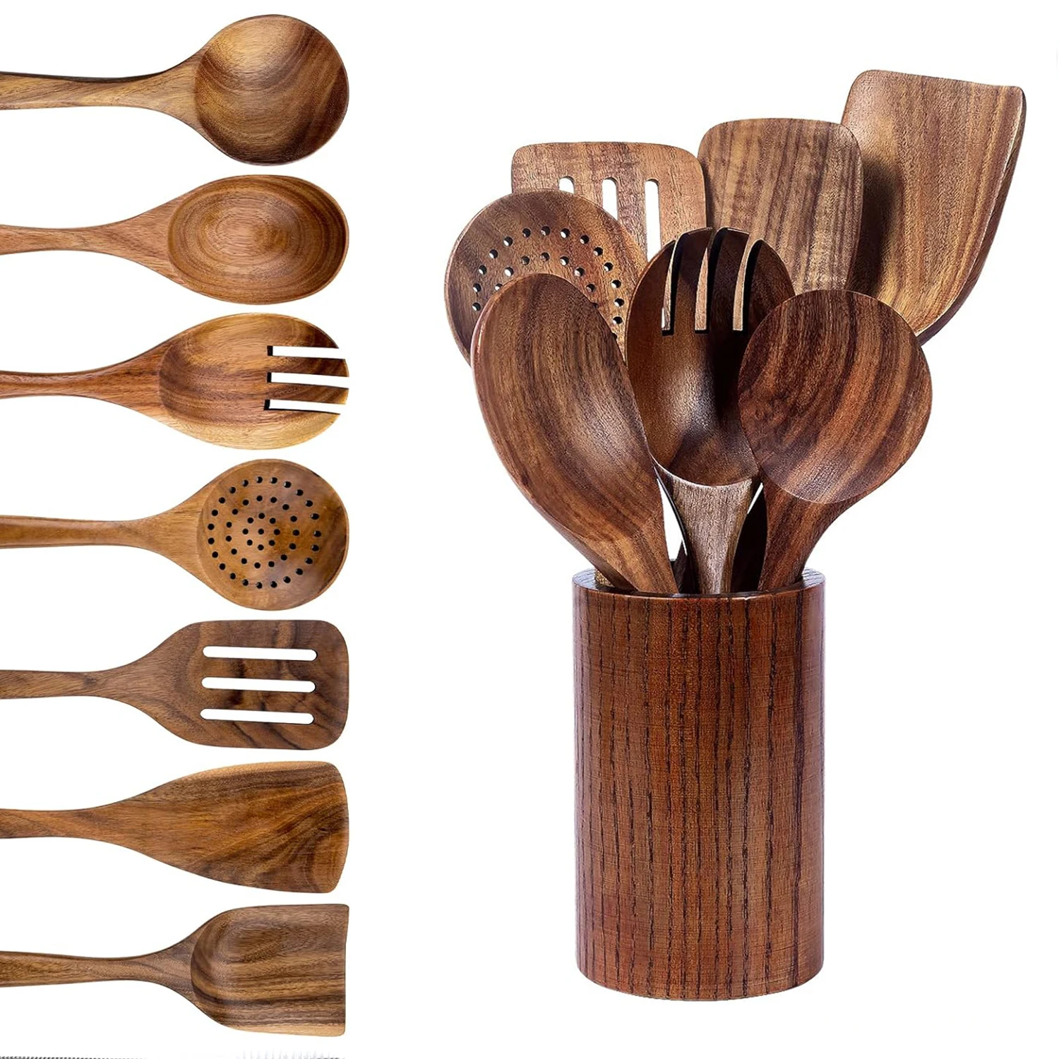 

8pcs Wooden Spoons for Cooking with Holder - Wooden Cooking Utensils - Soft Grip Wood Spoons - Non-Stick Wooden Spoons