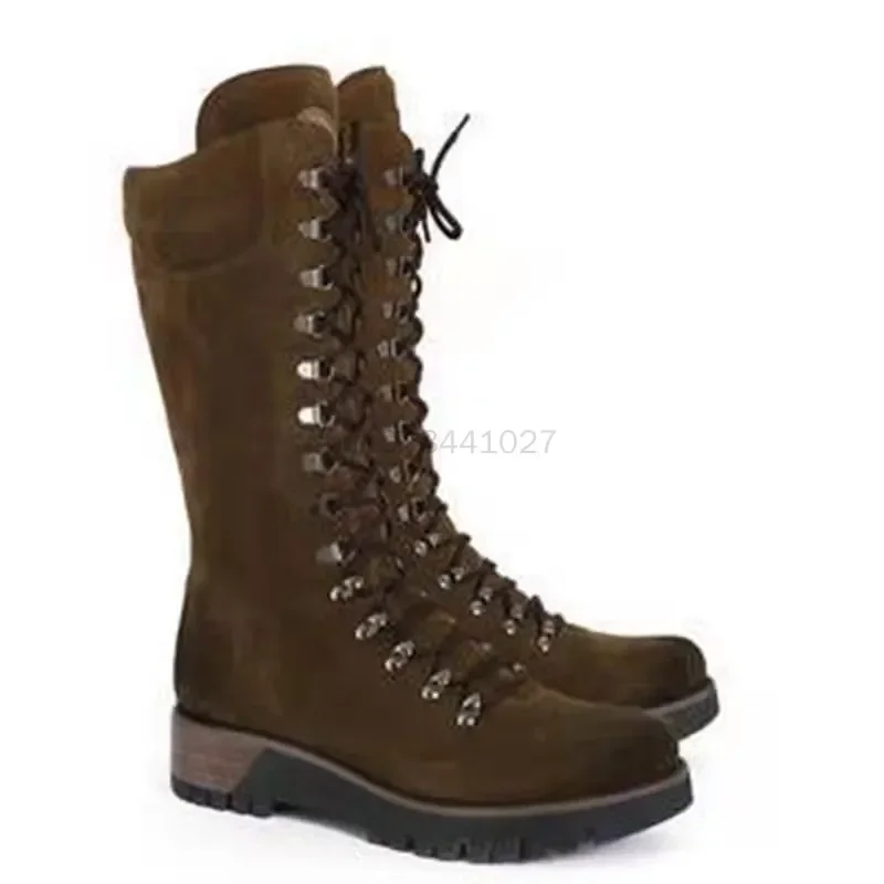 Nouvelles femmes rétro genou bottes hautes plate-forme antidérapante à lacets femmes chaussures hiver longue couleur unie Martin bottes Vintage chevalier bottes