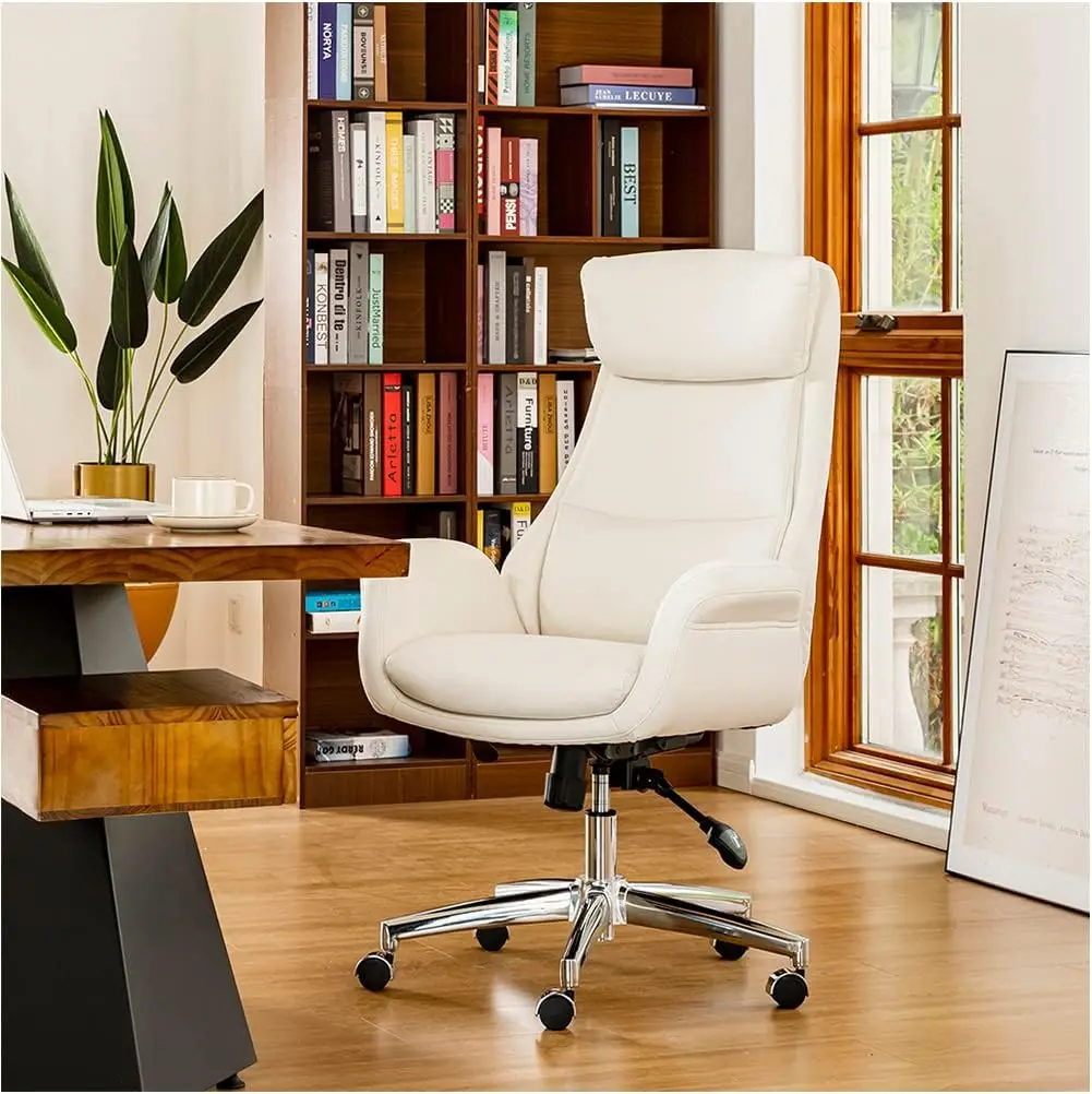 Modern Executive Home High-Back Office Chair - Leather Adjustable Swivel Desk Chair With Armrest(Cream)