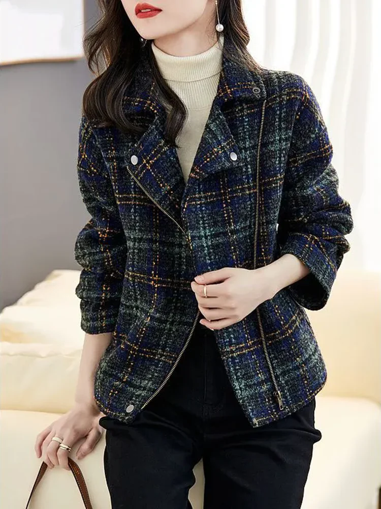 Giacche di lana con risvolto Casual da donna top moda coreana con cerniera manica lunga cappotti in misto lana Plaid sciolto elegante Abrigos Blusas