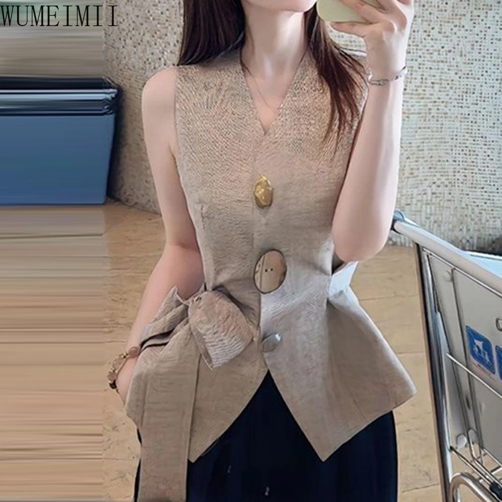 French light luxury old money style V-neck strap waist pinched sleeveless vest women's summer new waist thin top