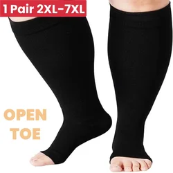 1Pair 2XL-7XL Plus Size Compression Socks Open Toe Compression Women& Men 15-20mmHg Wide Calf Knee High Toeless Compression Sock