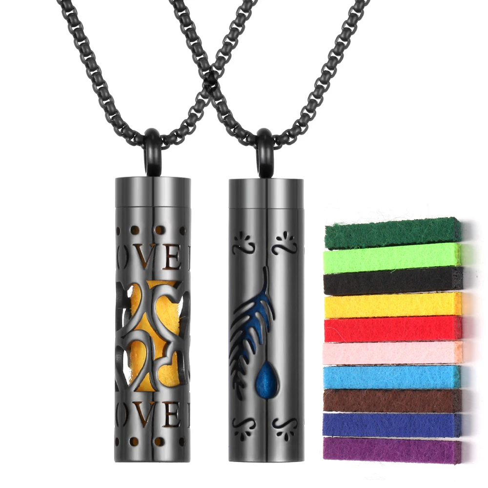 

Vintage Black Cylindrical Stainless Steel Aromatherapy Essential Oil Necklace Perfume Diffuser Lockets Pendant Chain Necklaces