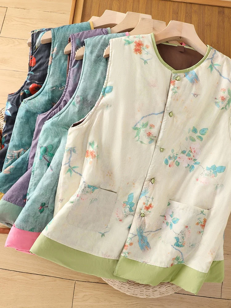 

New Chinese Sle Buttoned Cotton Vest Women's Winter Retro National Sle Zen Print oulder Pad Cotton Top