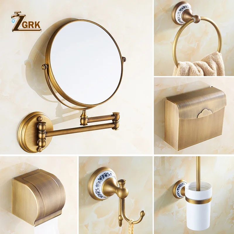 ZGRK Antique Bathroom Accessories Carved Brass Hardware Set Wall Mounted Towel Bar Paper Holder Cloth Hook Bathroom Hardware Kit