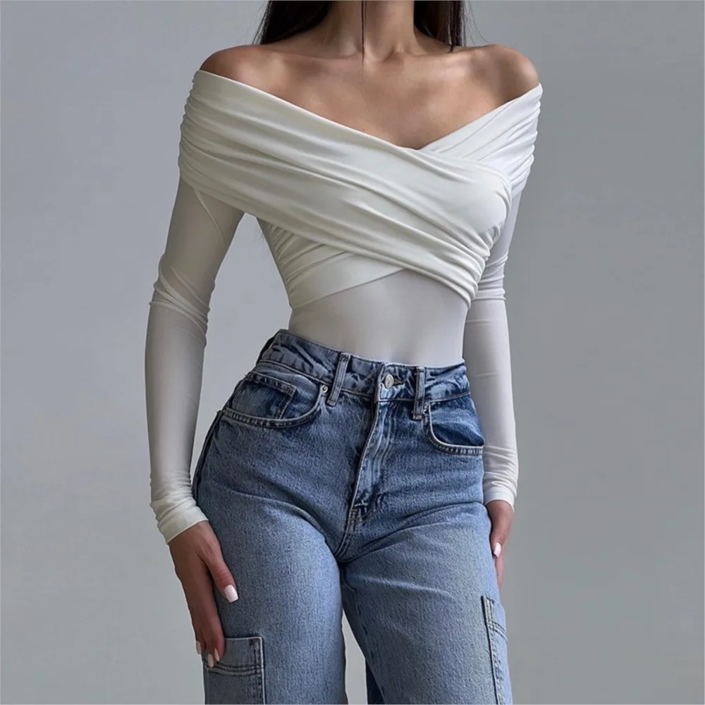 Sexy Slim Women's Clothing Long-sleeved Jumpsuit Solid Color Top Bodycon one Line Neck Simple Style All-match Vacation Trendy