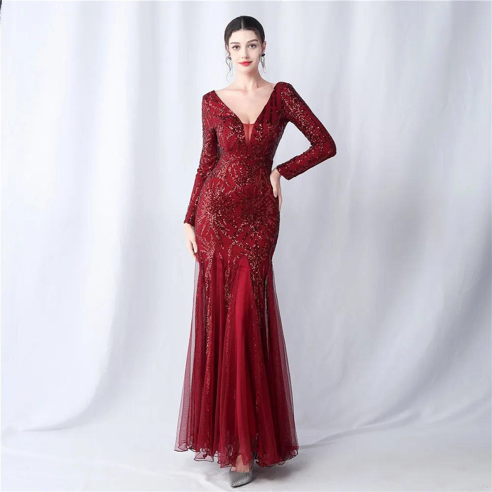 DEERVEADO Elegant Long Sleeves Women\'s Evening Dress Mermaid V Neck Sequin Party Maxi Dress Special Occasion Dress Gala