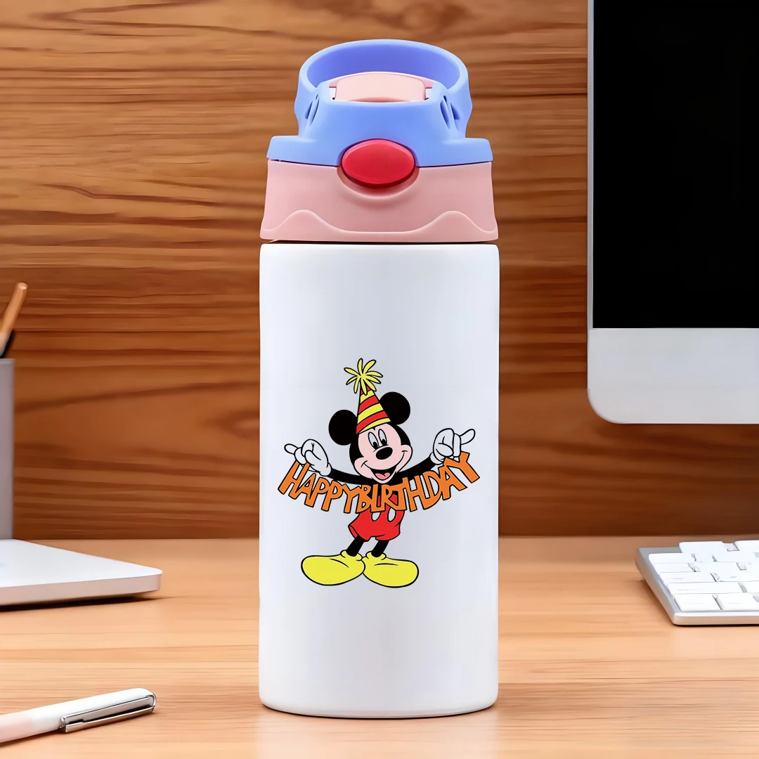 

Disney cartoon mouse HAPPY BIRTHDAY hat Red and yellow color 304 stainless steel cartoon straw cup Childrens water cup New Year