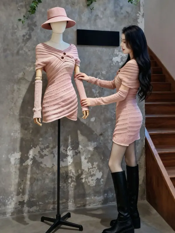 

Pure Desire Sexy V-ne Bodycon Dr Miu Sle Winter Collection High Waist Cotton Knitted Long Sve Home to Par