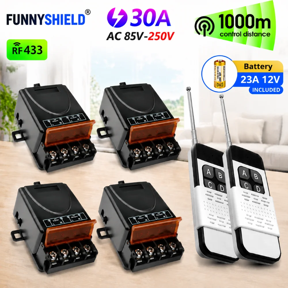 FUNNYSHIELD 110V 220V 433Mhz Wireless Remote Control Switch 30A RF Relay Module 1000m Remote for Fan Light Pump Motorcycle DIY