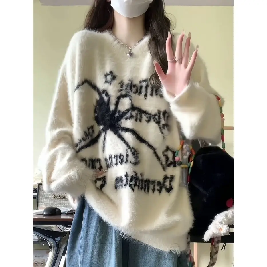 

Soft and fluffy mink fur 2023 autumn/winter style relaxed-fit student spider jacquard design loose-fitting sweater for women