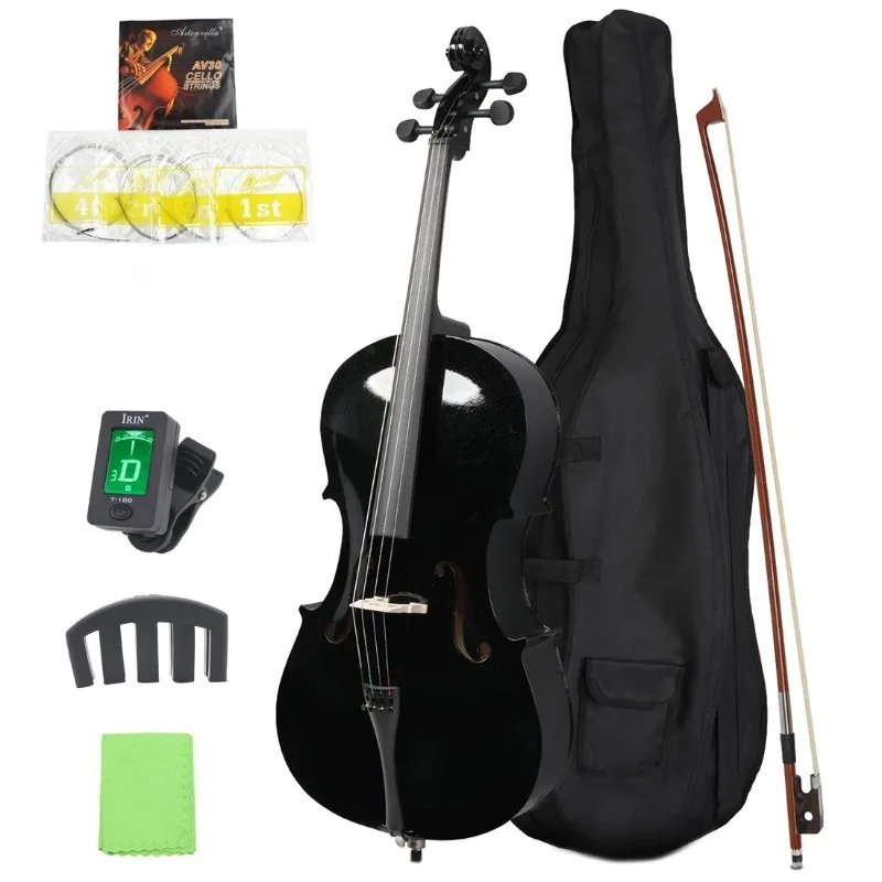 2026 Schwarzer 4/4 Kontrabass Handgefertigtes Massivholz-Cello für Schüler, Anfänger und Erwachsene Übungs-Cello-Set Musikinstrumente