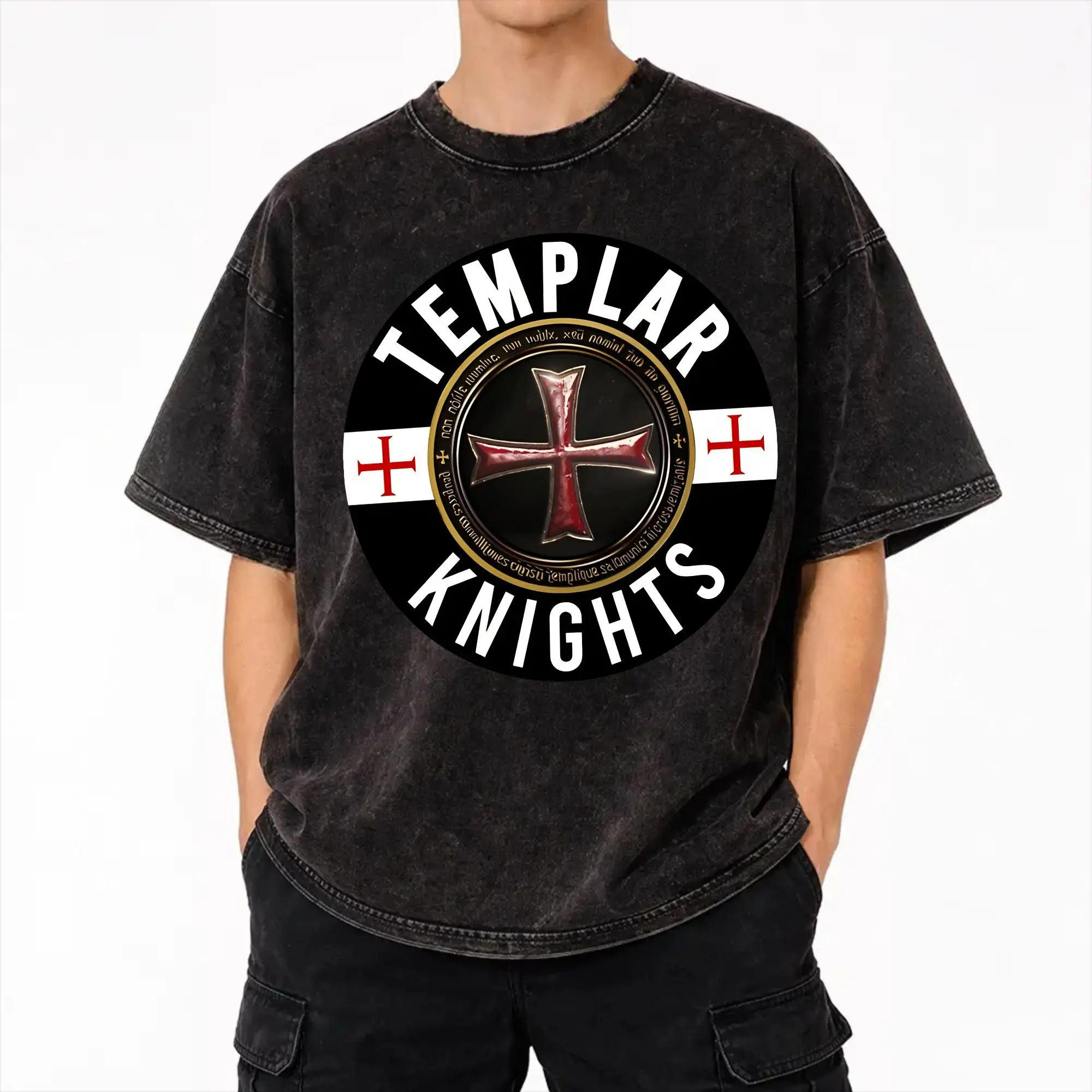 Harajuku Washed Shirt Templar Cross Knights Outfit Novelty T-Shirts Oversize  Streetwear Cotton Printed Tops Tees