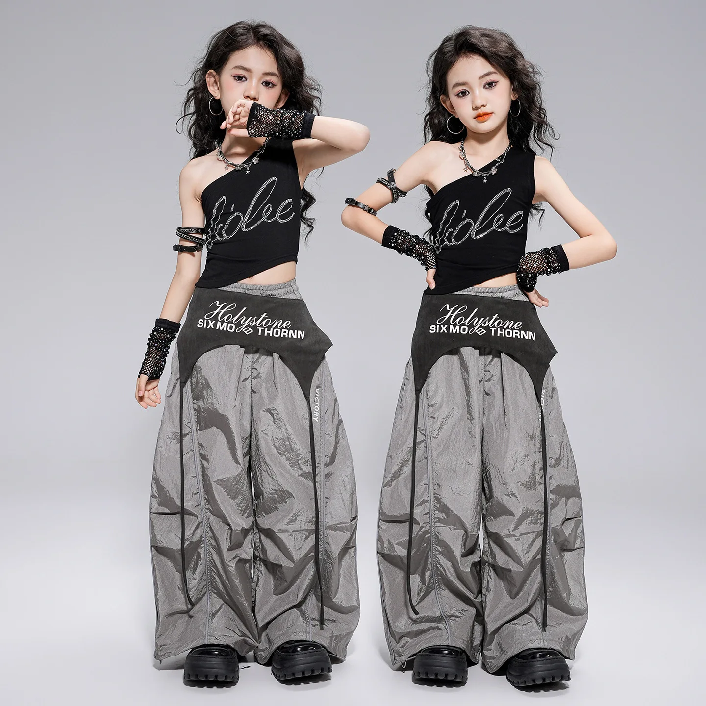 Vestito da ballo jazz per ragazze Abiti da spettacolo di moda Gruppo di danza Kpop Abiti hip-hop Pantaloni estivi neri Costumi di danza di strada