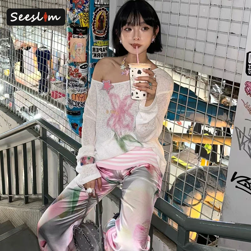 

Seeslim Hotsweet Floral Graphic Tee Female Clothing Long Sleeve 2000s Clothes Y2k Koran Fashion Loose Women T-shirt Autumn Tops