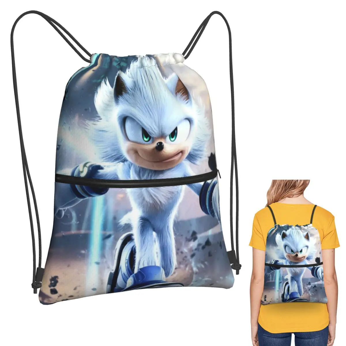 

Silver The Hedgehog Sonic The Hedgehog Backpacks Casual Drawstring Bags Sports Bag Book Bags for Man Woman School