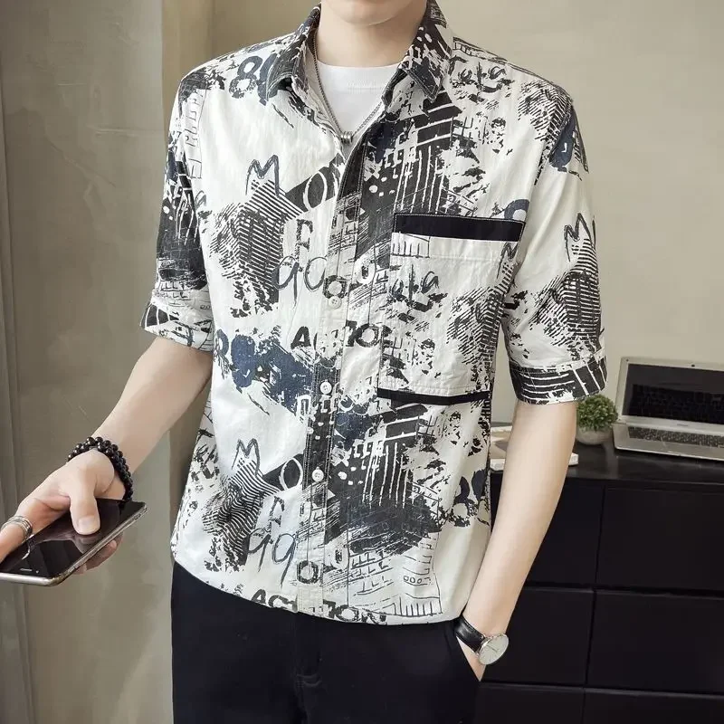 Summer Handsome Lapel Fashionable Printed Top Short Sleeved Shirt Men's Trendy Korean Style Casual Five Quarter Sleeves Shirt