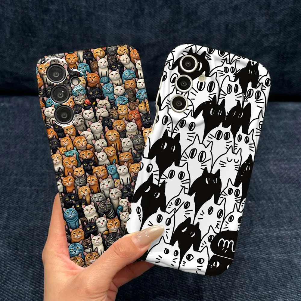 Cute Black White Cat Phone Case For Samsung Galaxy A56 A55 A54 A51 A17 A07 A06 Feilini Hard Case Wave Oil Soft Case