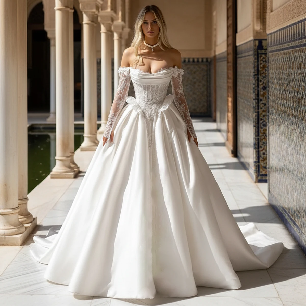 

Classic Vestidos Novia Satin Long Sleeve Ball Gown Wedding Dresses For Bride Off Shoulder A Line Bridal Party Gown With Train