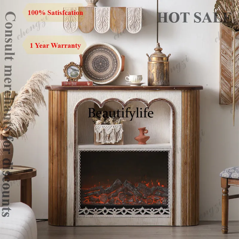 B567  French retro old solid wood fireplace decorative cabinet B & B hotel living room simulation fire fireplace in the ancient