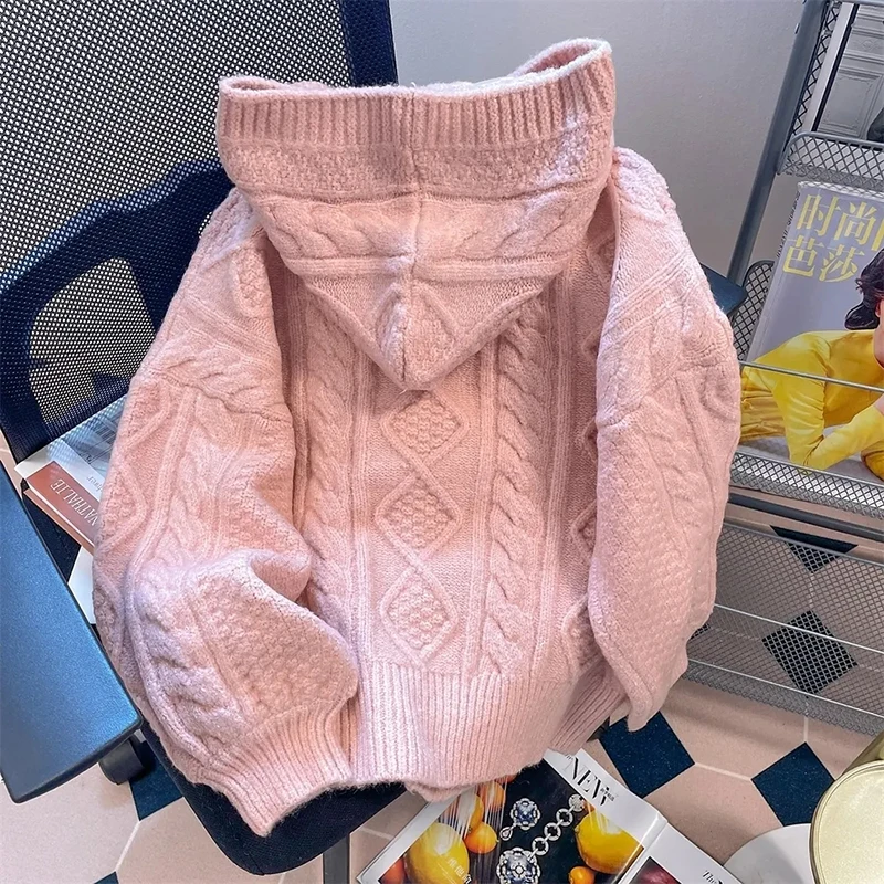 韓国トグルボタンケーブルニットセーター女性ピンク長袖フード付きカーディガンルーズ怠惰なカジュアルソフトプレッピースタイルコート