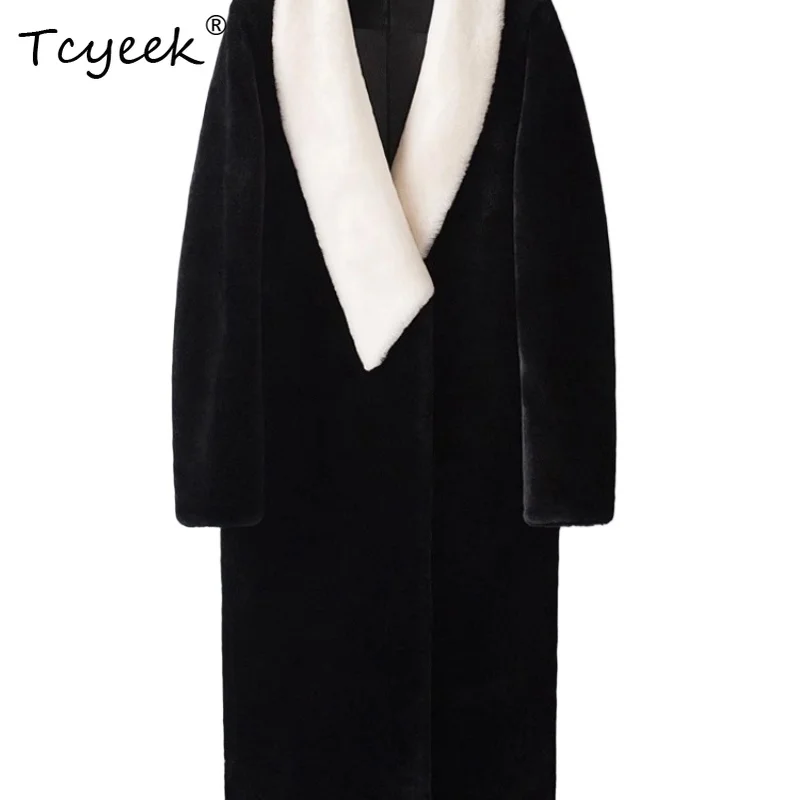

Tcyeek, осенне-зимнее пальто из натуральной шерсти с интегрированным мехом, черный меховой воротник средней длины, женская шуба из овечьей шерсти Fourrures Femme