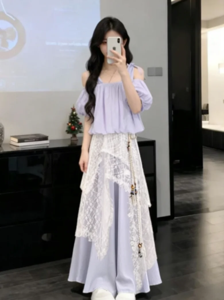 Summer Beach Art Student Bright Outing Photography Anti-Aging Three-Piece Set Women's Skirt Pants Suit Short Sleeve T-Shirt H...