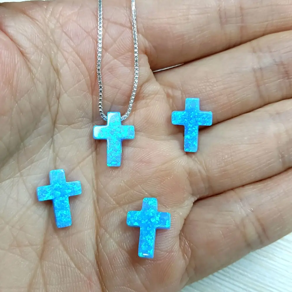 (2Pcs/5Pcs/10Pcs/Lot) Cross Opal Pendant 9x12MM Fire Light Blue OP06 For Fashion Necklace or Bracelet