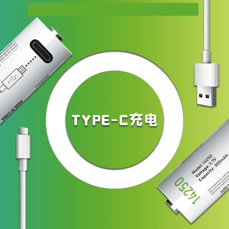 Batería de litio recargable por USB, dispositivo PLC de carga a través del cable de carga tipo c, 3,7 V, 300mAh, 14250