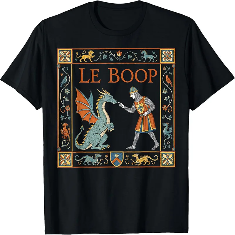 Le Boop Medieval Manuscript Dragon And Knight Funny Vintage Art Graphic T-Shirt Renaissance Meme Tee