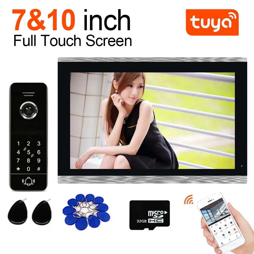 TUYA 1080P 10 Inch 7 Color Touch Screen Wifi Video Doorbell Smart APP Home Intercom Password Unlock RFID Access Control System