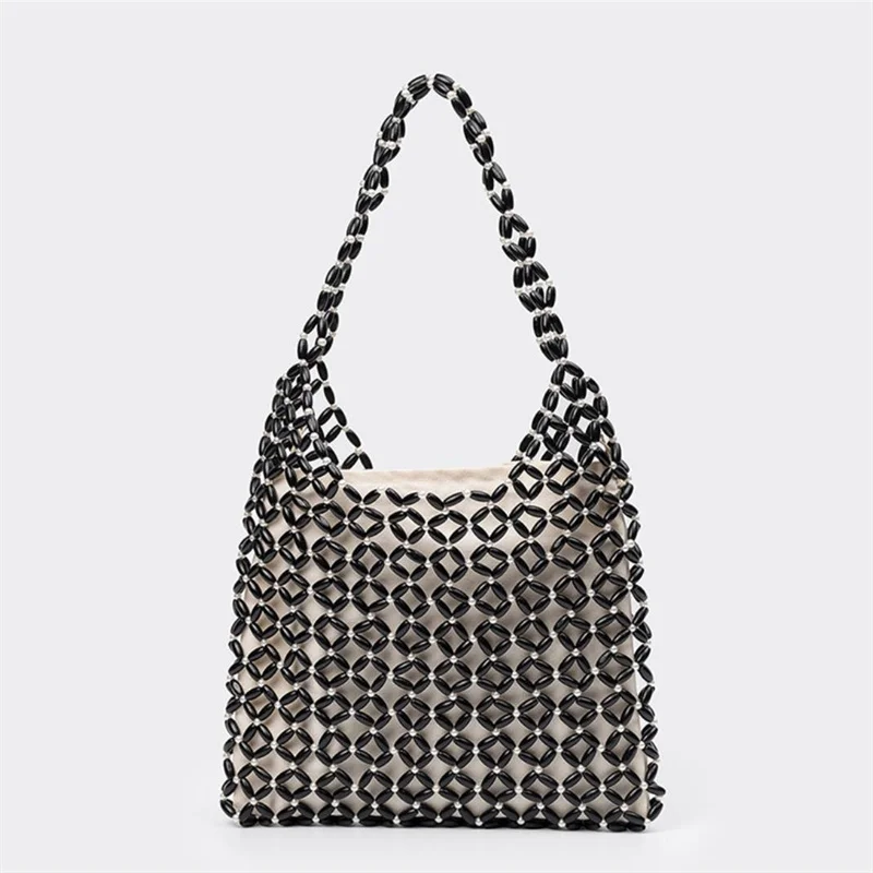 

Полая сумка-хобо на плечо, стиль для отдыха на берегу моря, черная сумка на плечо, праздничная сумка в стиле бохо с деревянными бусинами, повседневная сумка-тоут Bolsos